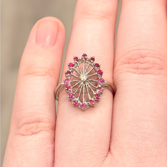 Vintage 14K PSCO Natural Ruby Diamond Ring Art Nouveau Size 7 Filigree Starburst - Picture 5 of 16
